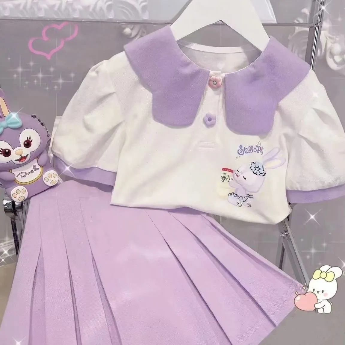 Girls Summer Suits Summer Clothes For Medium And Large Children Short-sleeved Tops For Baby Girls Skirts Two-piece Suitsy