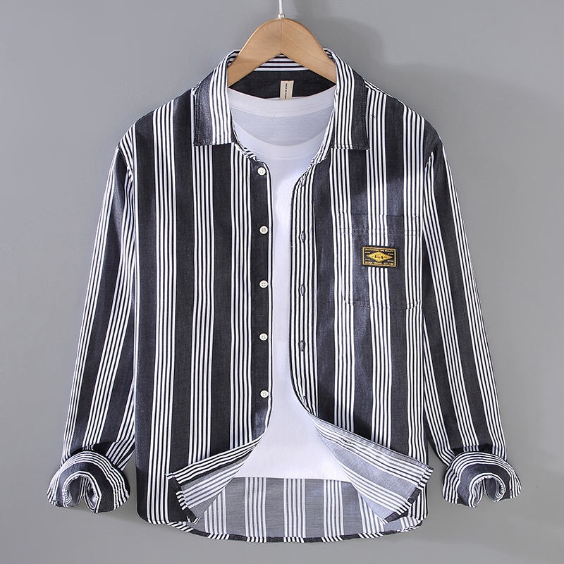 Cotton Free Ironing Vertical Striped Long-sleeved Shirt For Men In Spring And Autumn Casual Shirt Loose Cotton Shirt Jacket Japanese Style