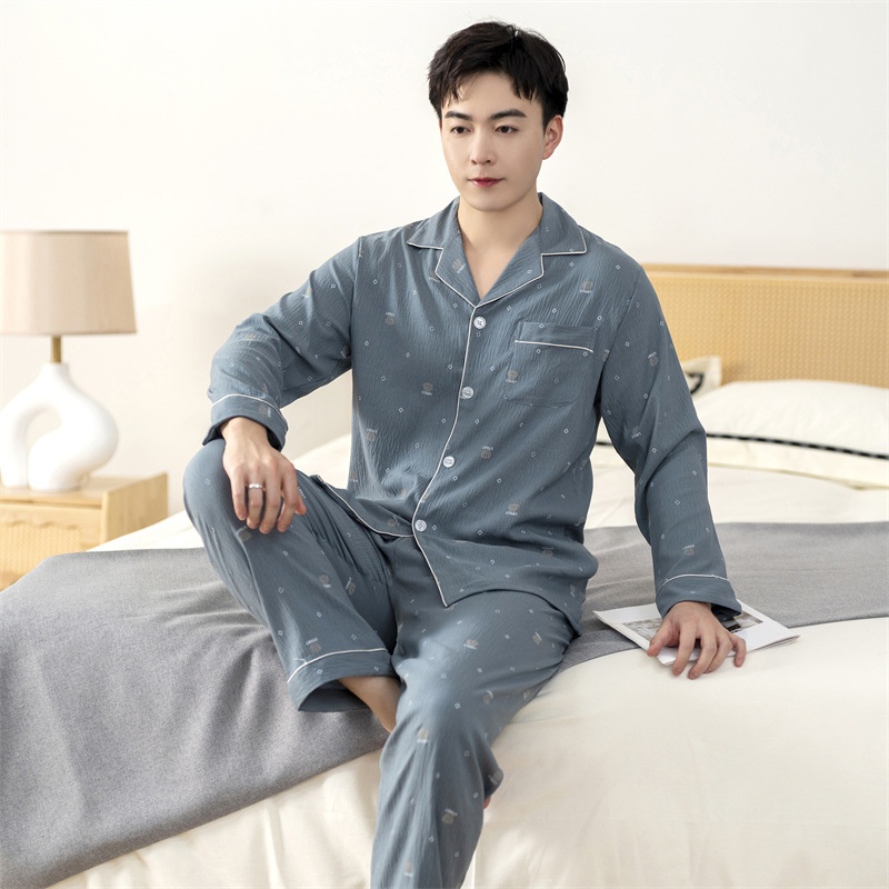 Men's Pajamas Spring And Autumn Cloud Cotton Long-sleeved Trousers Suit Summer High-end Large-size Printed Home Clothes Thin