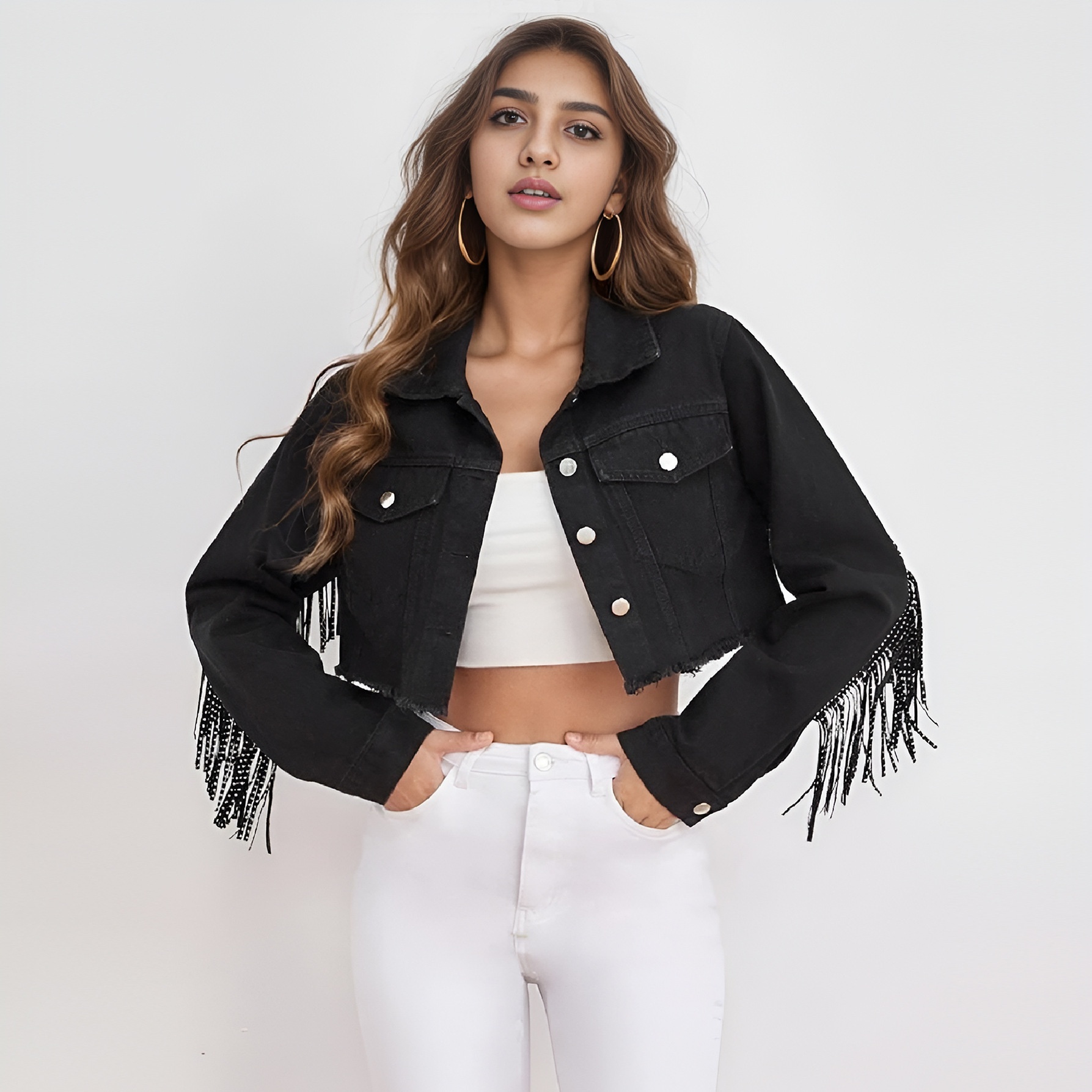 S121#European And American Foreign Trade Women's Clothing Denim Jacket Women's Beaded Tassels Distressed Raw Edge Denim Short Jacket