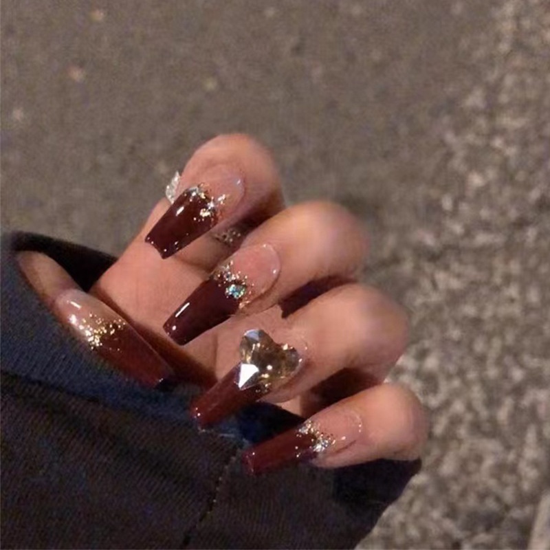 False Nail Patches French Wine Red Love Diamond White Year Removable Wearable Nails Manicure Finished Nails