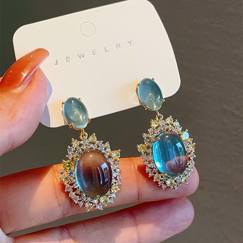 Light Luxury Heavy Industry Mint Blue Opal Zircon Earrings Retro High-grade Temperament Gem Earrings Ear Jewelry