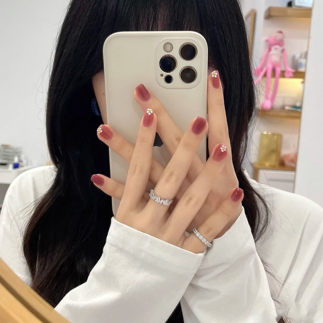 24 Pieces In ABox Short Grapefruit Red Small Flowers Wearable Detachable Manicure False Nails Finished Nails