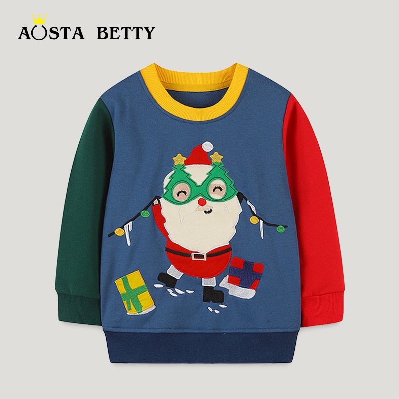 European And American Style Boy Contrast Color Fashion Sweater Children's Santa Claus Embroidered Pullover23 Autumn Children's Clothing
