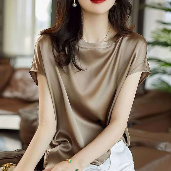 Summer High-end Acetic Acid Short-sleeved T-shirt Women's Elegant Mulberry Silk Silk Round Neck Loose Mom Top