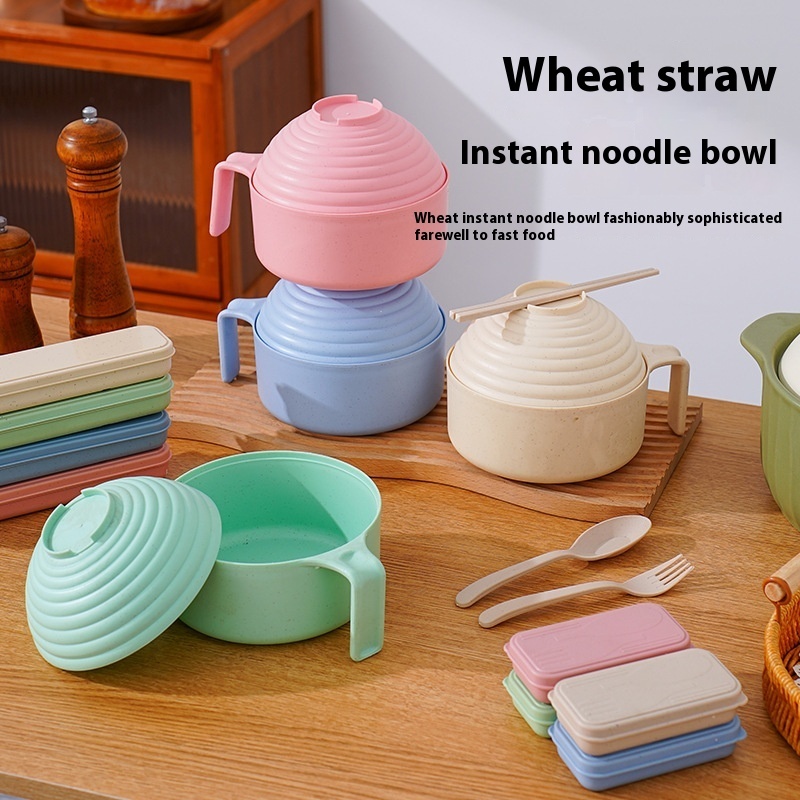 Tant Noodle Bowl Wheat Straw Bowl Drop-resistant Portable Student Dormitory Tant Noodle Bowl Tableware Bowl Spoon, Fork And Chopsticks Suit
