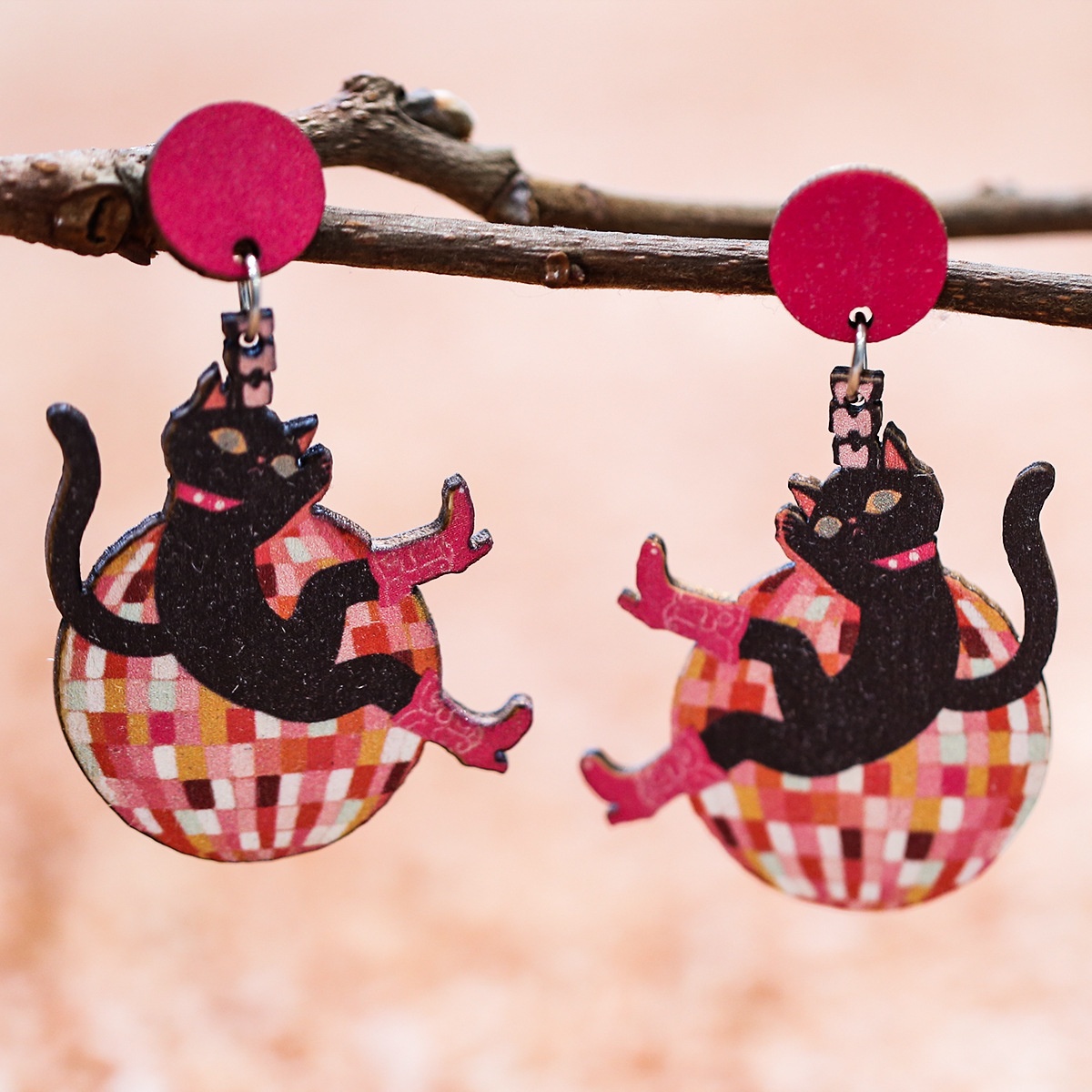 Cartoon Fun Cat Dancing On Disco Ball Wooden Women Earrings Fashion Accessories Gift