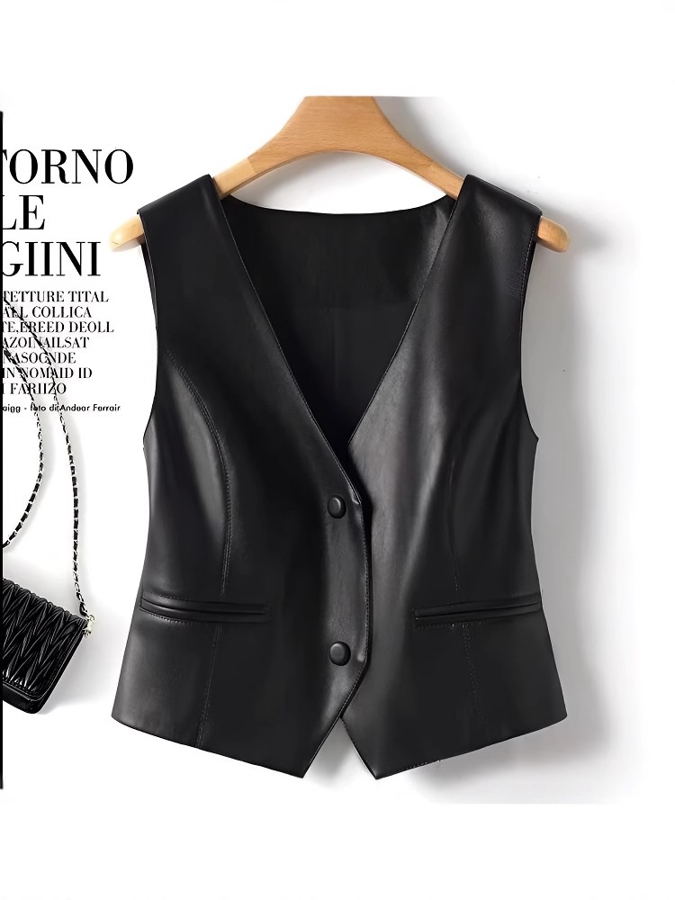 [high Quality] Spring Joker Fashion Leather Vest Women's Small Coat Wearing Foreign Style Leather Coat