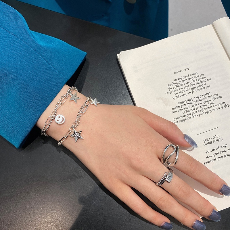 Japanese And Korean Style Diamond Star Retro Double-layer Smiley Girlfriend Bracelet Women's Niche Design Style High-end Style Bracelet For Women