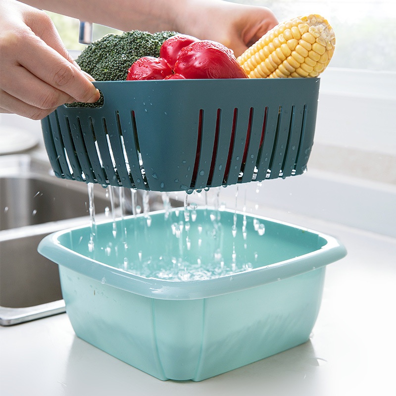Kitchen Vegetable And Fruit Drain Basket Double-layer Vegetable Washing Basket Storage Basket Refrigerator Fresh-keeping Box With Cover Living Room Fruit Plate