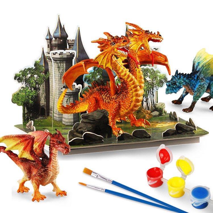 Painted Handmade Diy Graffiti Two-headed Dinosaur Warcraft Castle Scene Solid Coloring Set Educational Toys