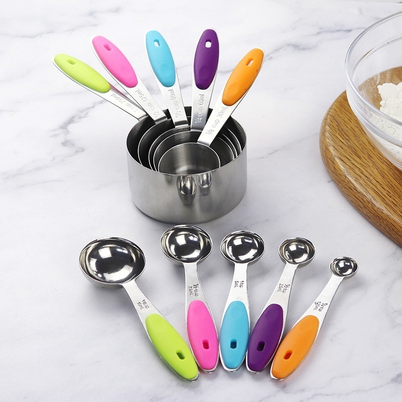 Colored Silicone Handle Stainless Steel Measuring Cup Measuring Spoon10-piece Set430 Stainless Steel With Scale Measuring Spoon Measuring Spoon