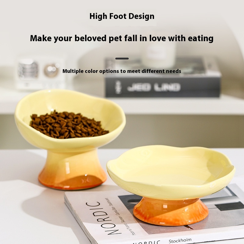 Cat Bowl Ceramic Petals Cat Food Basin Cat Rice Bowl Cat Food Bowl High Foot Dog Bowl Anti-knock Drinking Bowl Pet Rice