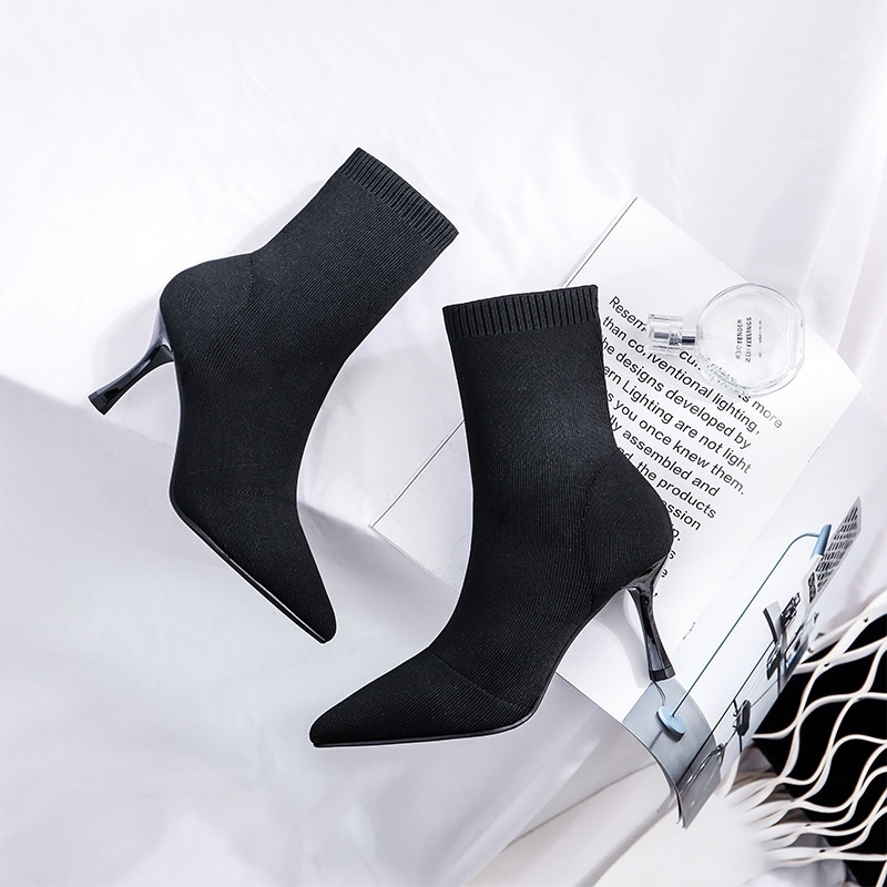 Knitted Stretch Slim Boots Spring Versatile Slimming Pointed Toe Thin Heel Mid-Calf Sock Boots Women's High Heel Snow Boots