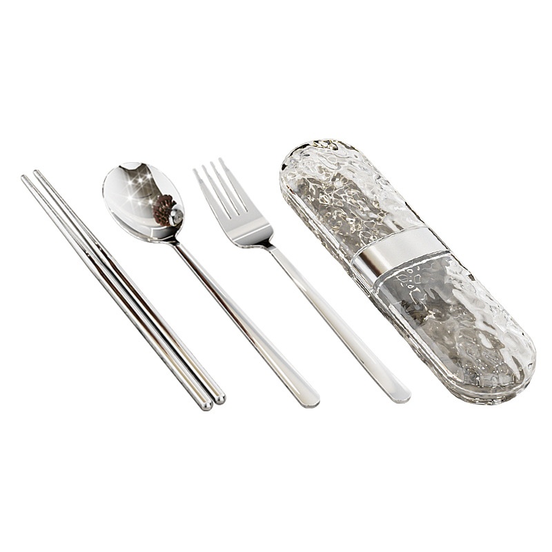 25 Years Portable Tableware For Students, Compact And Portable 304 Stainless Steel Water Ripple Spoon, Fork And Chopsticks Three-Piece Tableware Set