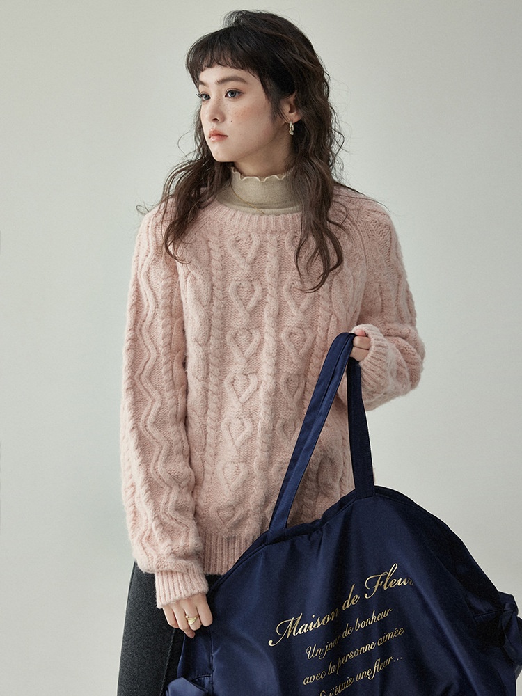"Kitajima AMUU" Japanese Round Neck Loose Cable Knit Sweater Autumn And Winter Warm Soft Glutinous Thick Pullover Inner Top