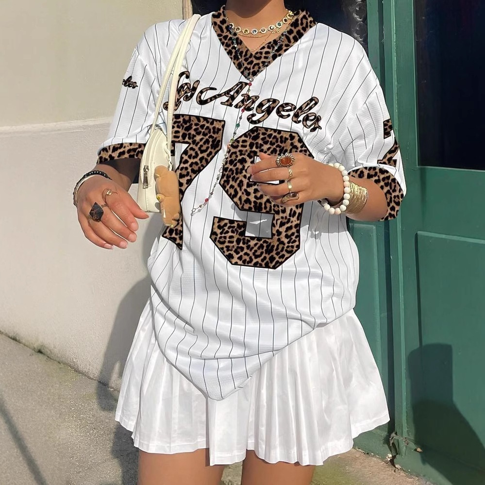 European And American Sports Hot Girls American Retro Jersey Loose Street V-neck Striped Short-sleeved T-shirt Top