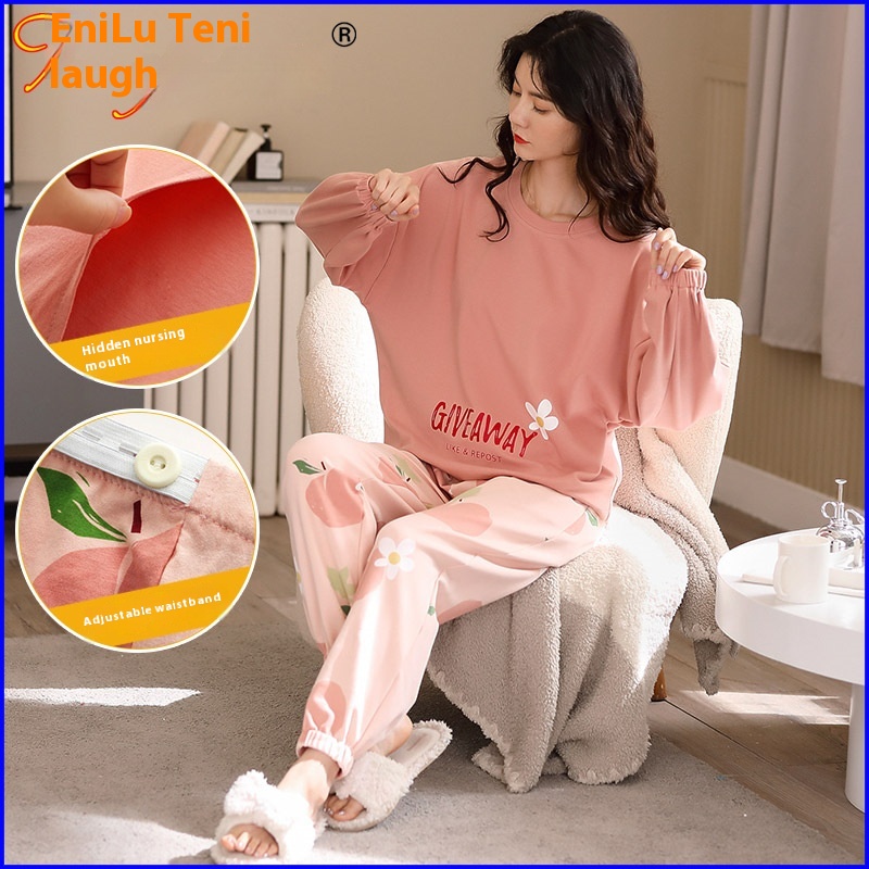 Tenif Maternity Pajamas Autumn Pure Cotton Long Sleeve Lactation Confinement Clothes Cotton Postpartum Outing Nursing Clothes H1895