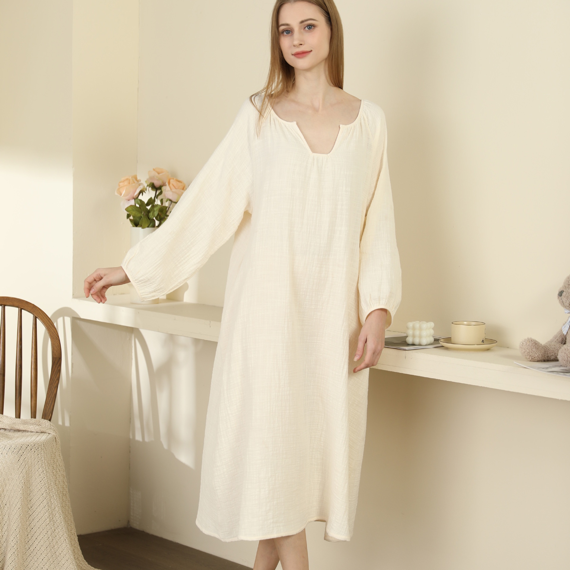 Spring And Summer Pajamas For Women Korean Style Pure Color Simple Style Collarless Long-sleeved Nightdress Double-layer Gauze Home Clothes Can Be Worn Outside