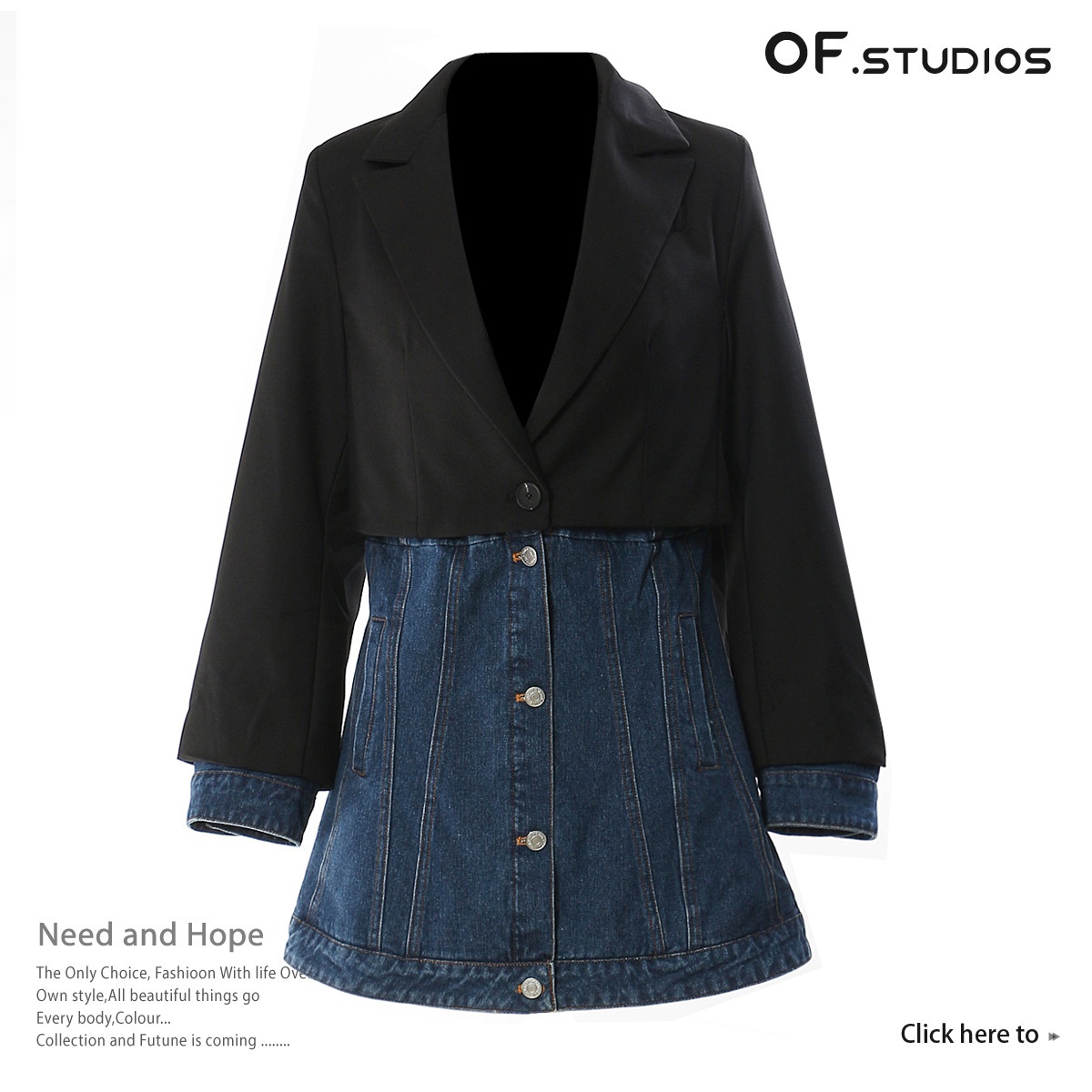 Fake Two-piece Slim-fit Denim Patchwork Suit Mid-length Denim Top Jacket1660