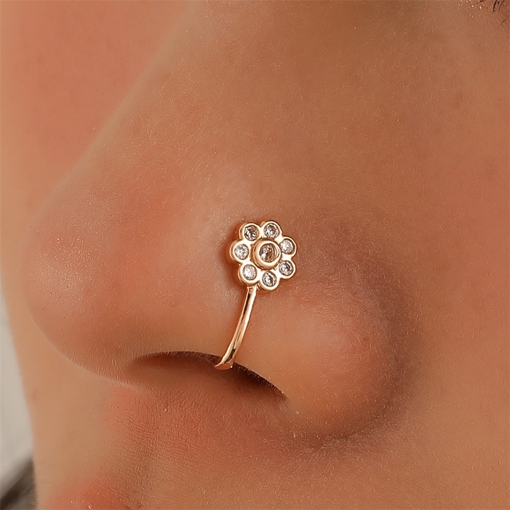 European And American Hot-selling Flower Zircon Nose Ring Metal U-shaped Micro-inlaid Non-piercing Nose Nail Foreign Trade Simple Piercing Jewelry