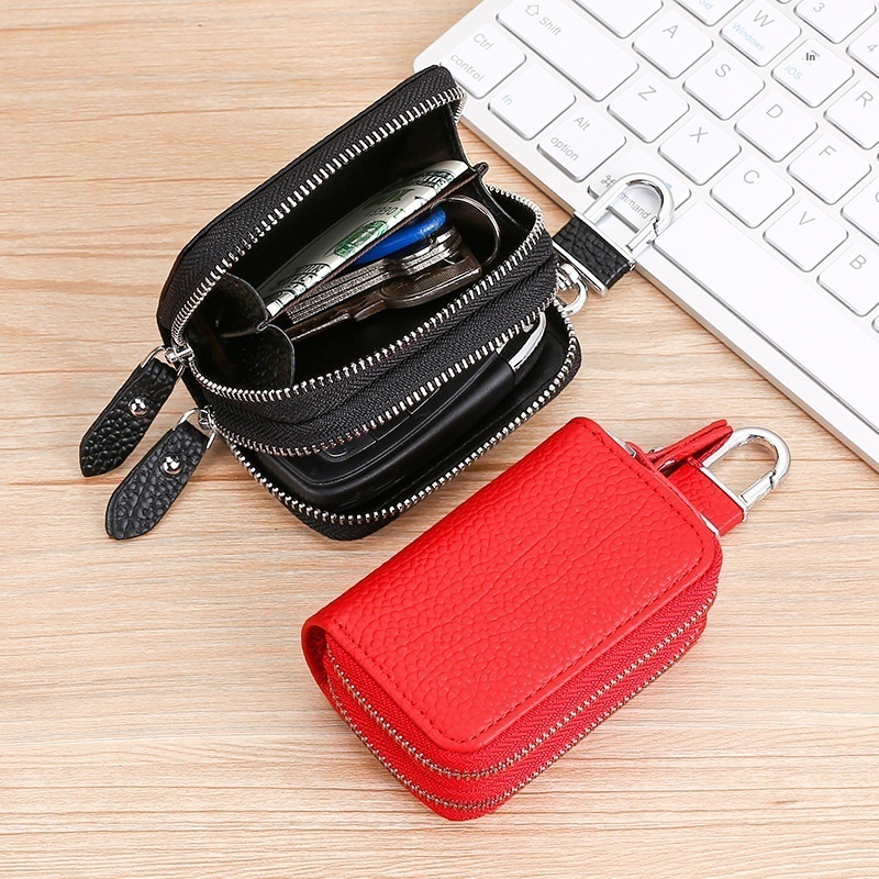 Japanese Style Double Zipper Genuine Leather Car Key Bag Cowhide Key Protection Cover Cow Neck Pattern Coin Purse Car Key Cover