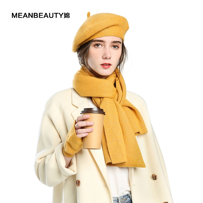Beret Autumn Solid Wool Painter Hat Women's Hat Gloves Scarf Three-piece Set