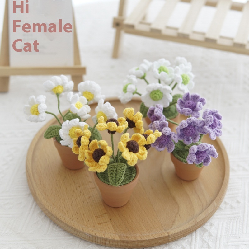 Hand-crocheted Car Decorative Flowers Woven Indoor Ornaments Simulation Flower Potted Creative Daisy Gifts
