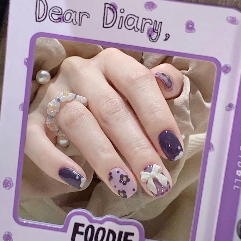 Taro Purple Flower Bow Wearable Detachable Nail Art False Nail Finished Nail Piece Press On Nails