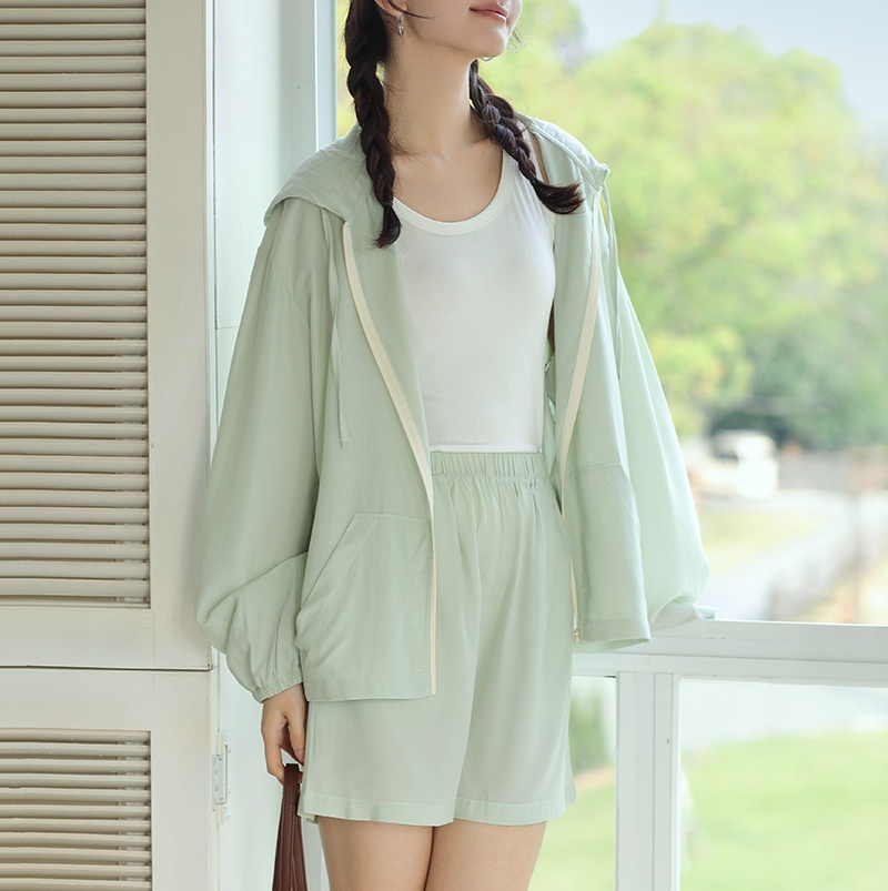 Sun Protection Clothing Women's Summer Loose Hooded Long Ice Silk Sun Protection Clothing Zipper Cardigan Shorts Suit Light Jacket Top
