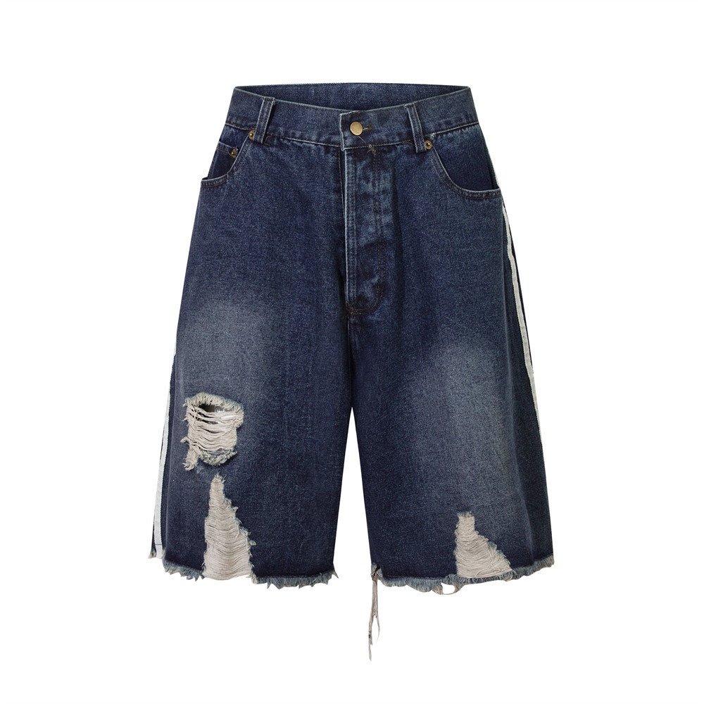 Striped Raw Edge Ripped Denim Shorts Men's Summer Design Mid-length Pants Street Fashion Casual Loose Shorts