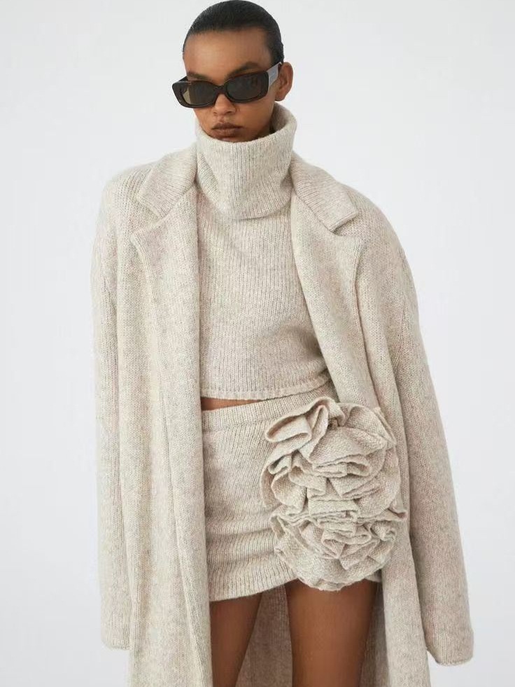 Spring And Autumn Loose Elegant Gentle Style Long Sweater Coat Skirt Suit Knitted Cardigan Three-Piece Set For Women