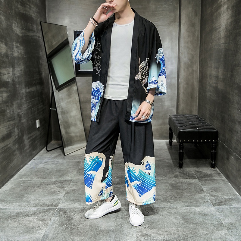 20 Summer Men's Suit Chinese Style Large Size Loose Cardigan Kimono Retro Tang Suit Taoist Robe Three-quarter Sleeve Two-piece Suit