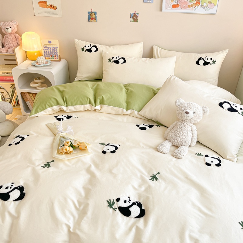 Cartoon Cute And Adorable Panda Bed Four-piece Set100 Cotton Towels Embroidered Quilt Cover Sheets