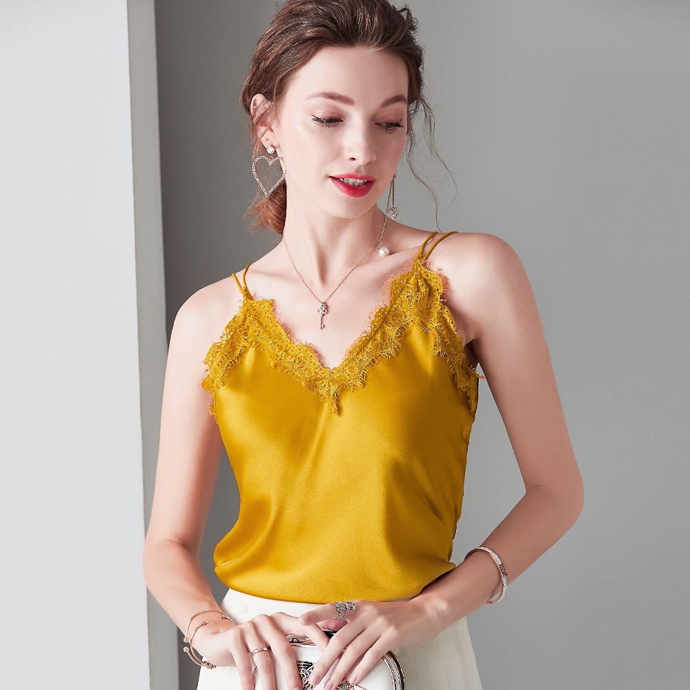 916022 European Women's Clothing Sexy Lace Stitching Silk Suspenders V-neck Embroidery Edge Bottoming Shirt Solid Color Vest For Women