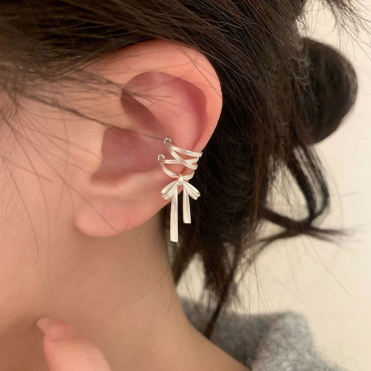 925 Sterling Silver Ballet Style Bow Ribbon Ear Clip Women Entry Luxury Fashion Elegant Y Earrings