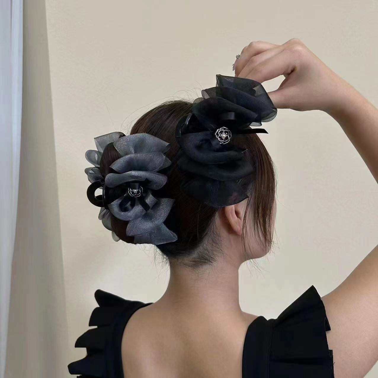 Black Light Luxury Rose Flower Hairpin Female Back Of The Head High-end ABDouble-sided Hair Clip Hairpin Temperament Shark Clip