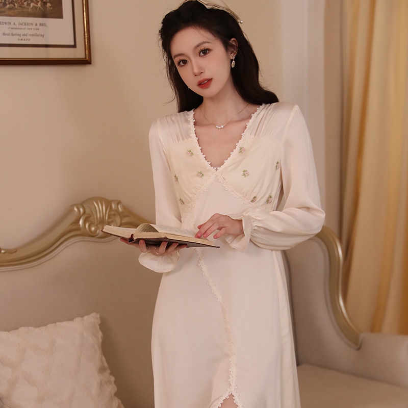 French Long Nightdress Spring And Autumn V-neck Sexy Nightdress Hem Slit Ice Silk Thin Long Sleeve Home Clothes
