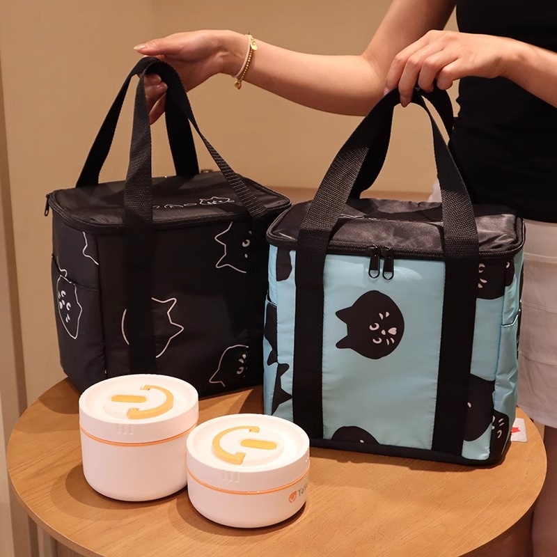 Japanese Cute Surprised Cat Outdoor Picnic Bag Portable Large Capacity Ulation Bag Cartoon Work Lunch Bag