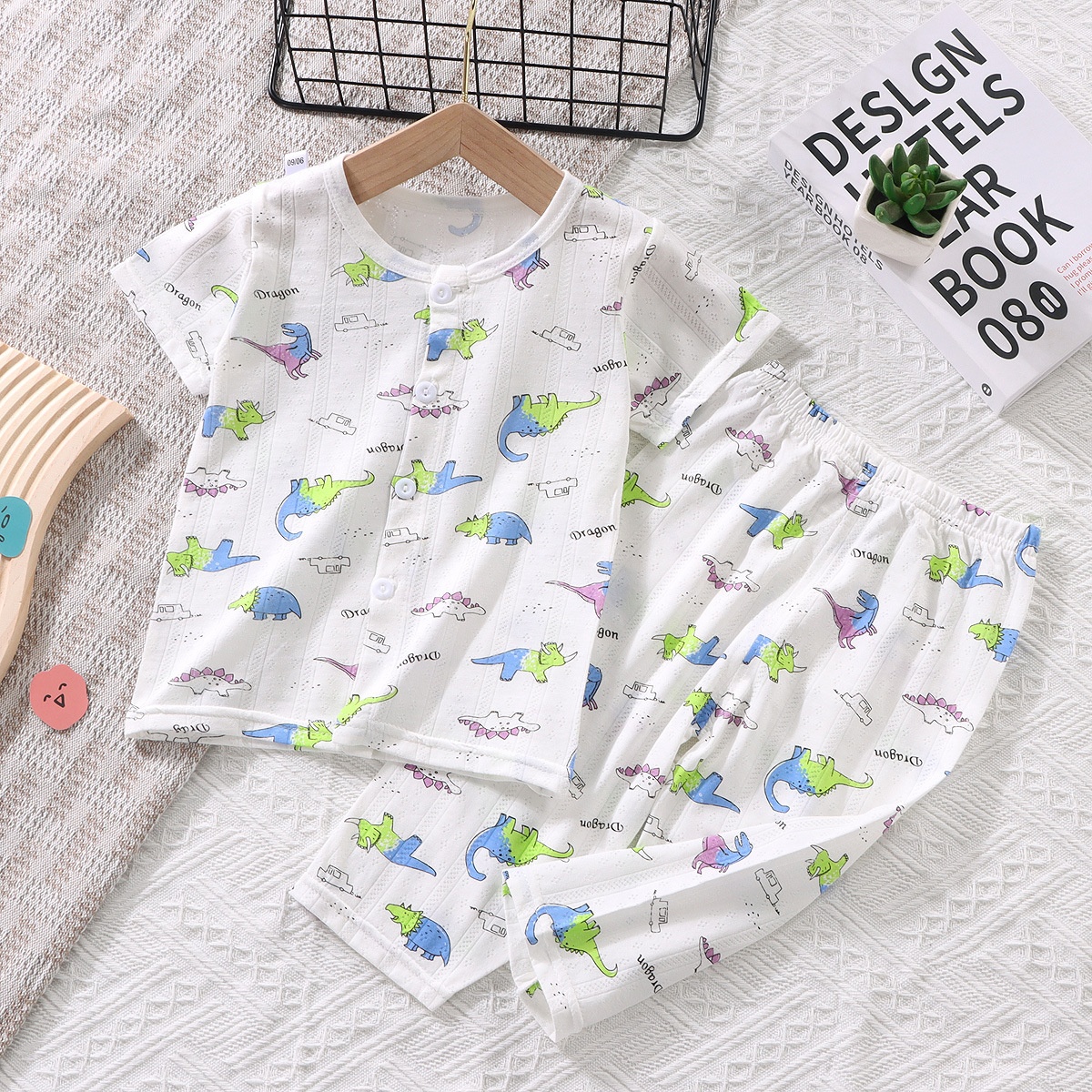 Children's Cardigan Short-sleeved Cropped Pants Suit Infant Summer Pajamas Boys And Girls Thin Double-breasted Air-conditioned Clothing