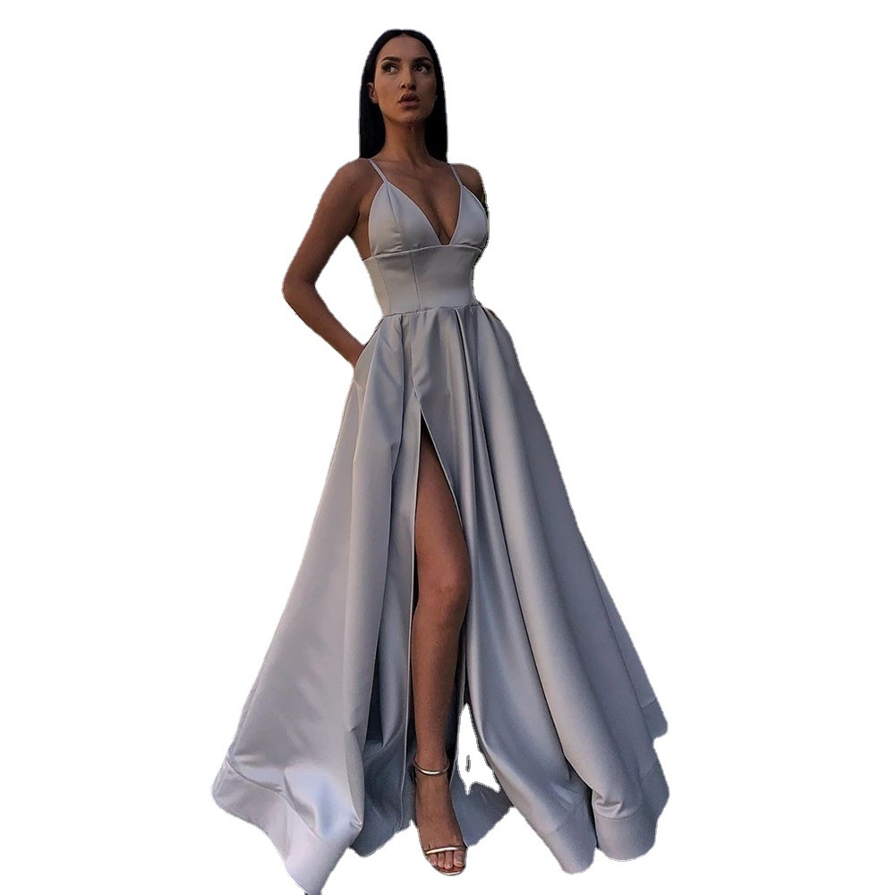 Summer European And American Women's Sexy Slim Suspender Dress Deep V Slit Banquet Evening Dress - 5