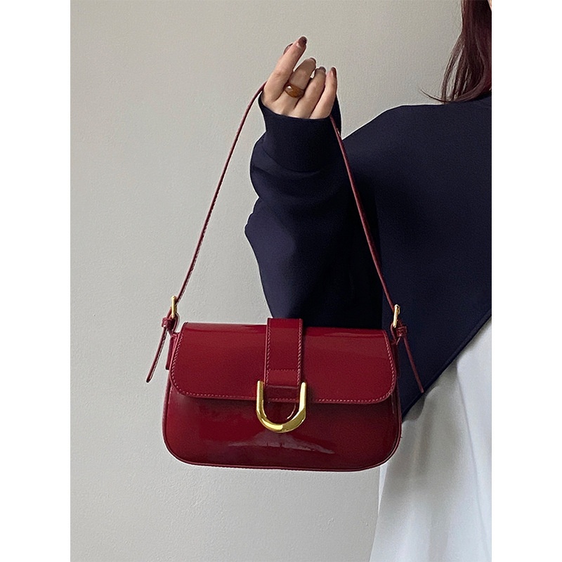Korean Style High-End Bag For Women Retro Burgundy Horseshoe Buckle Fashion Handheld Armpit Bag Single Shoulder Crossbody Bag