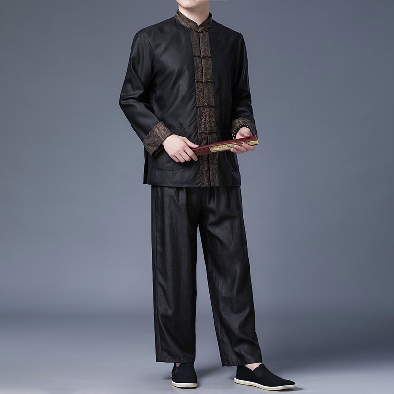 100%Mulberry Silk Suit Heavyweight Xiangyun Yarn Men's Silk Top Spring Men's Pants Chinese Tang Suit Jacket