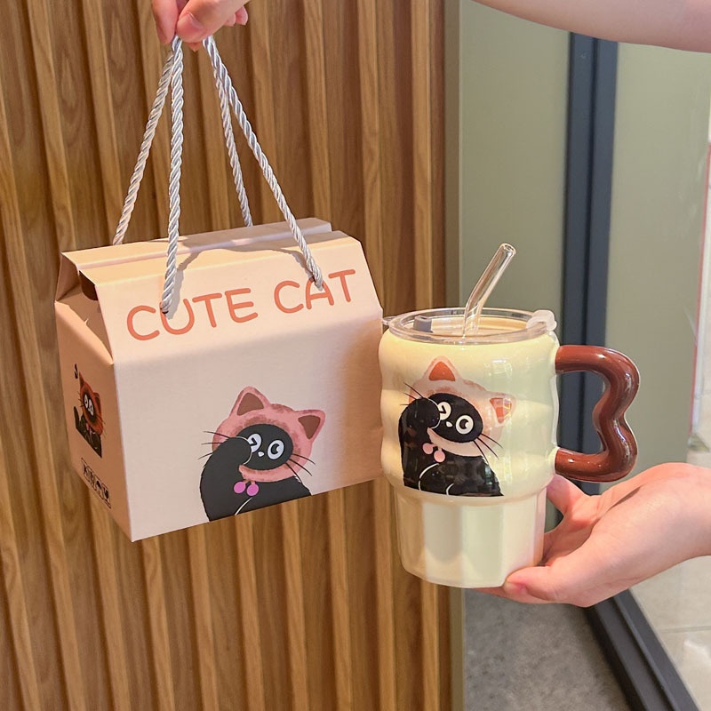 Birthday Gift For Girls Cute Cat Suction Tube Cup High Color Value Ceramic Mug With Lid Accompanying Gift Box