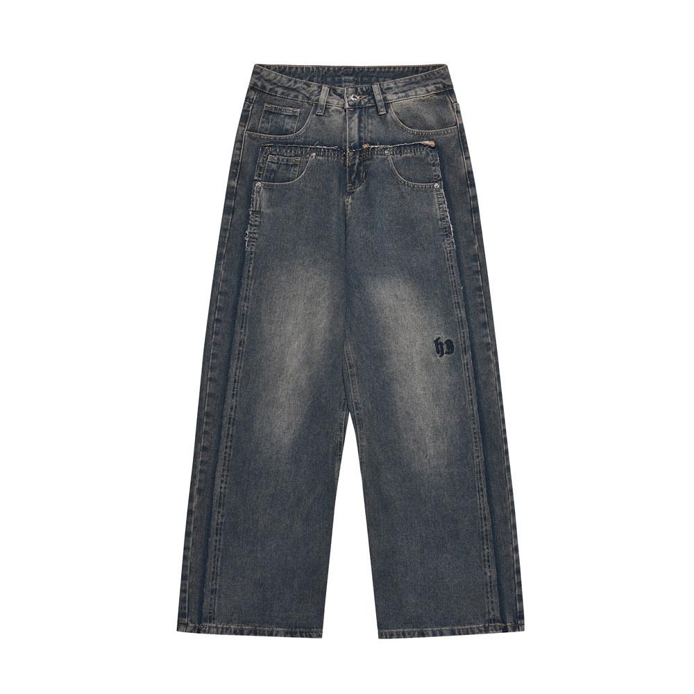 Washed And Distressed Denim Straight Trousers,Raw Edge Stitching,Fake Two-piece Design,Personality,High Street,Men's Wide-leg Trousers