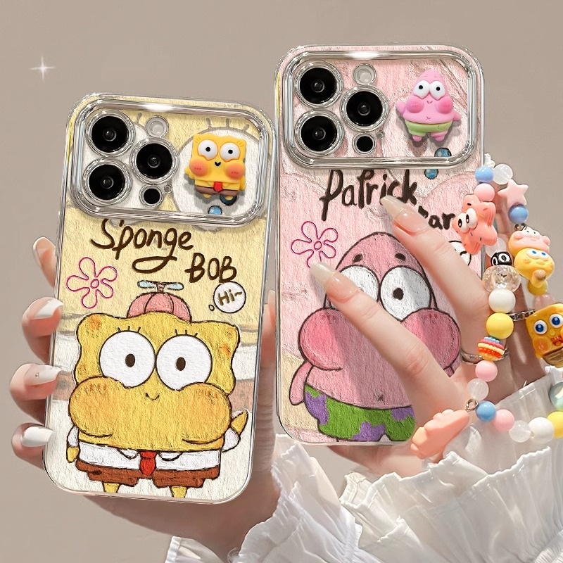 Texture Sponge Doll Bracket Chain For Apple 16 Phone Case 15pro Electroplated 6D Window 13 Soft Silicone X