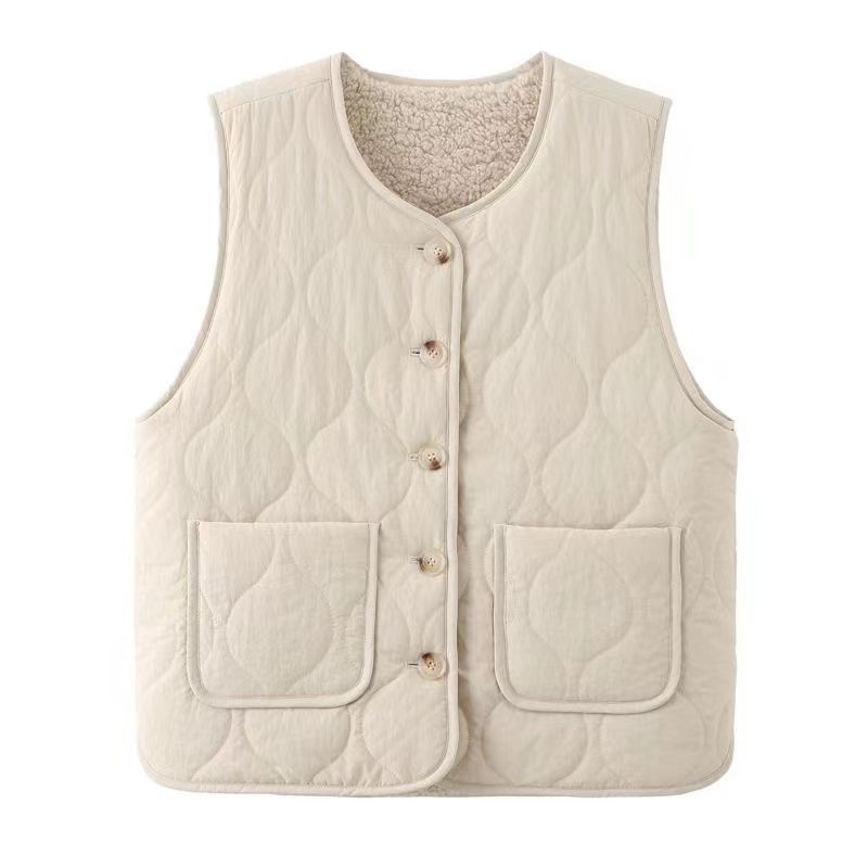 Autumn And Winter Quilted Lamb Wool Warm Large Pocket Vest Women's Practical Outer Design Vest Jacket