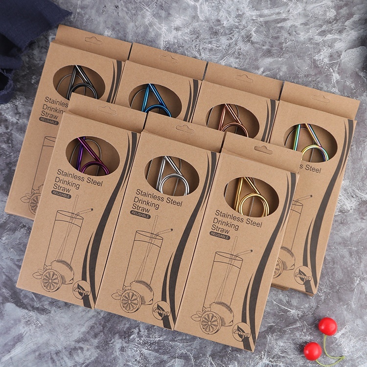 Creative Stainless Steel Straws Boxed Curved Colorful Straws Cocktail Drink Straws S