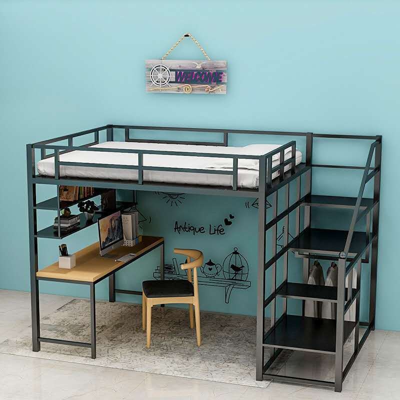 Nordic Iron Double Bed Student Bunk Loft Bed Apartment Single Bed Dormitory Upper Bed And Lower Table Iron Frame Bed