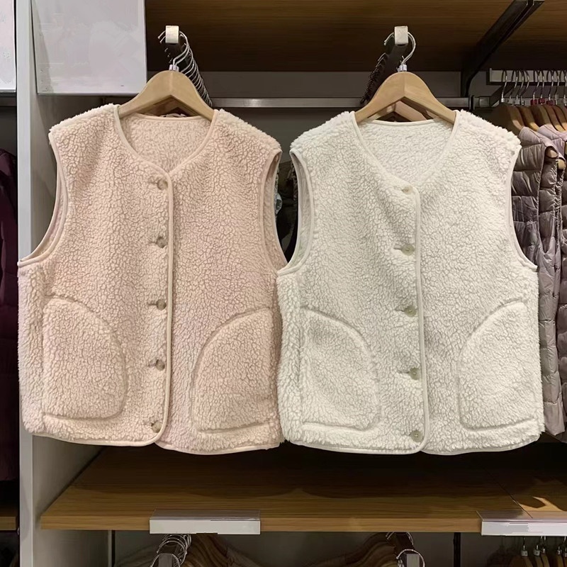 Japanese Women's Clothing Autumn And Winter Imitation Lamb Fleece Fleece Vest Vest Stand Collar Warm Vest Jacket
